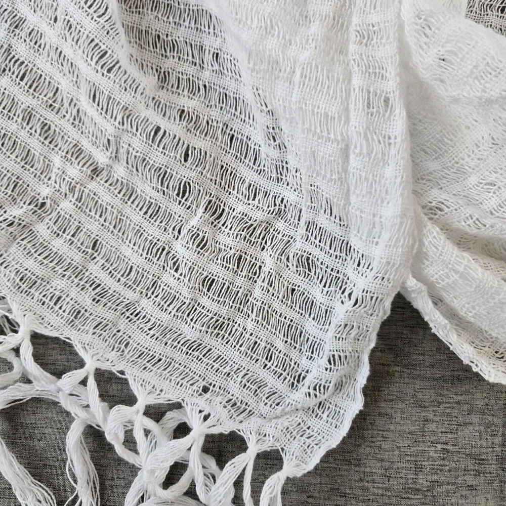 White Open Weave Rectangular Scarf Fringe Ends 21.5